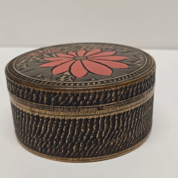 Vintage Japanese Round Wooden Trinket Jewelry Box Floral Theme - Picture 3 of 9